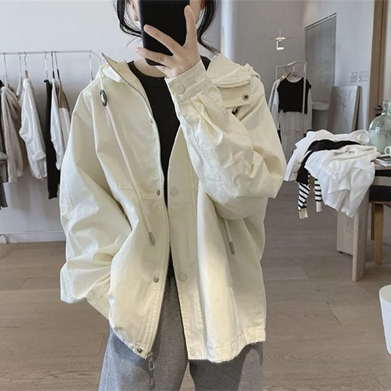 

Куртка женская демисезонная с капюшоном, свободная облегающая верхняя одежда в Корейском стиле, однотонная верхняя одежда в стиле ретро с длинным рукавом