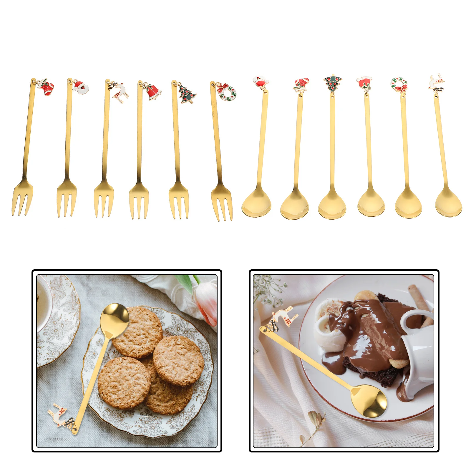 

1Set Stainless Steel Spoons and Forks Kit Christmas Elements Design Integrated Molded Handle Portable Tableware for Kitchen