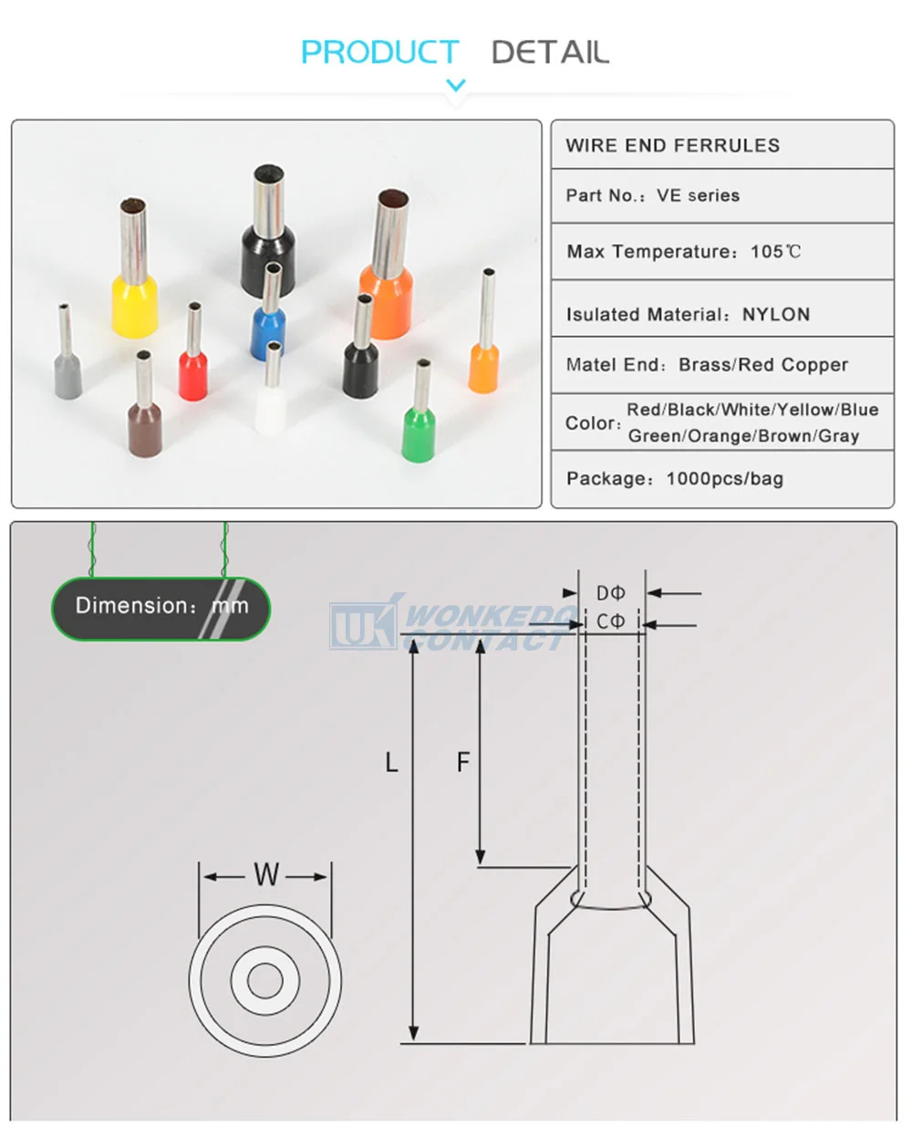 1000 Stück E0308 Aderendhülsenklemmenblock, rotes Kupfer, 0,25–0,3 mm2, Kreuzdraht, elektrischer Steckverbinder, 0,34 mm VE 0308 Kabelendklemmen – Detail 7