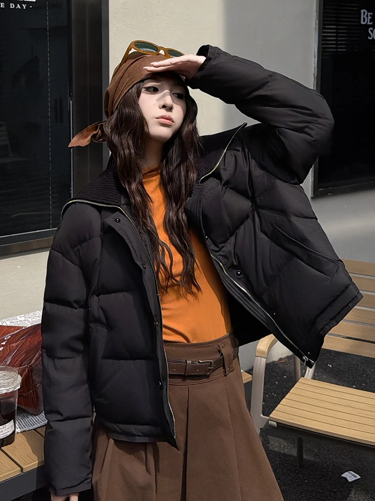 

Winter Short Large Lapel Warm Down Jacket Women White Duck Down Thicken Zipper Parker Outwears Female Solid Pocket Cotton Jacket