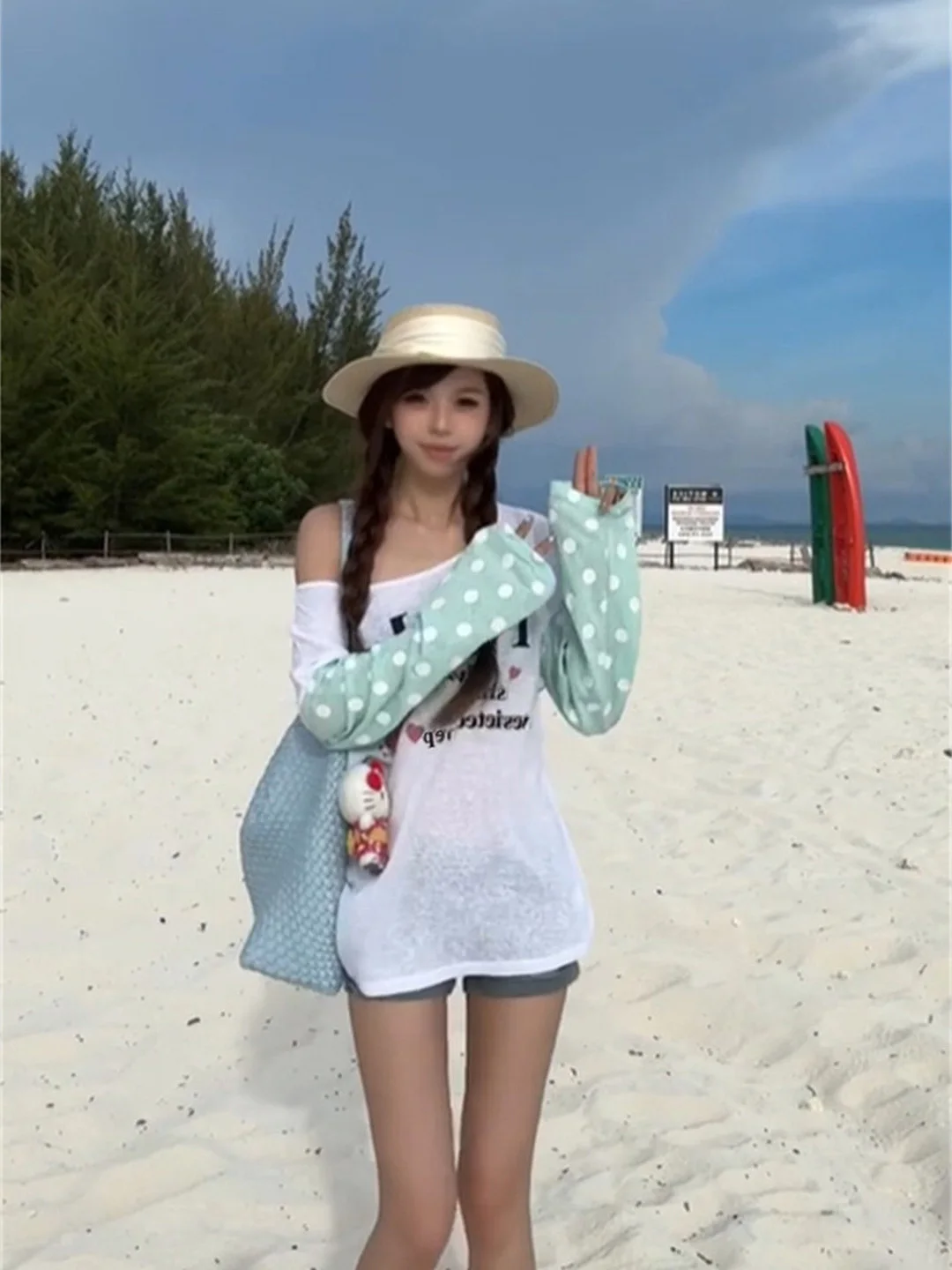 Miu Series Loose Fit Color Block Polka Dot Shoulder Long Sleeve Women's Summer Casual Style Transparent Sun Protection Top