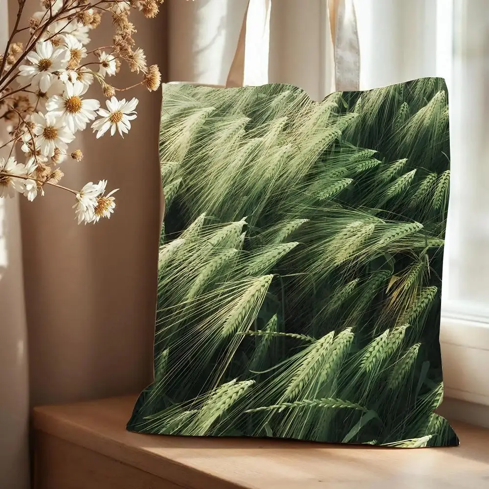 Aesthetic Beige Art Storage Bags Canvas Tote Bag Large Capacity Double-Sided Print Reusable Shopping Bag Shoulder Bag
