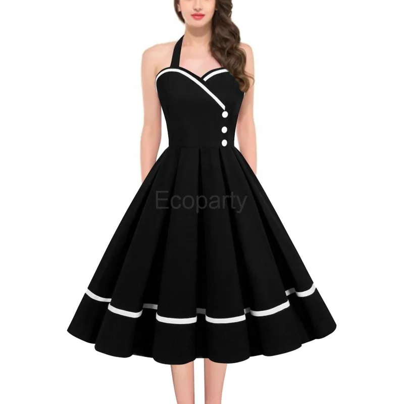 50s Retro Rockabilly Party Dress For Women Elegant Button Pleated Polka Dot Sling A-Line Dress Femme Vintage Hepburn Dresses