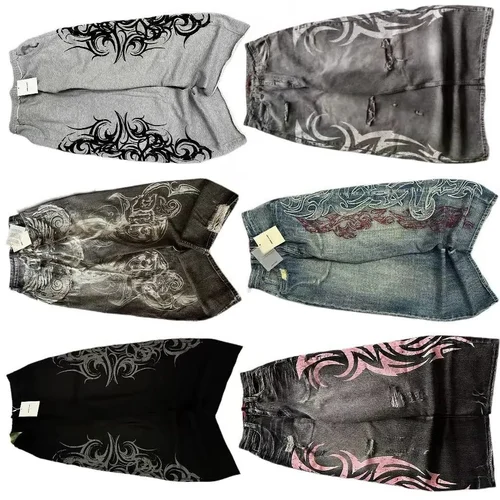 Y2K patrón de moda bordado pantalones vaqueros holgados hombres y mujeres High Street Vintage Hip Hop Casual pareja pantalones de pierna ancha de alta calidad