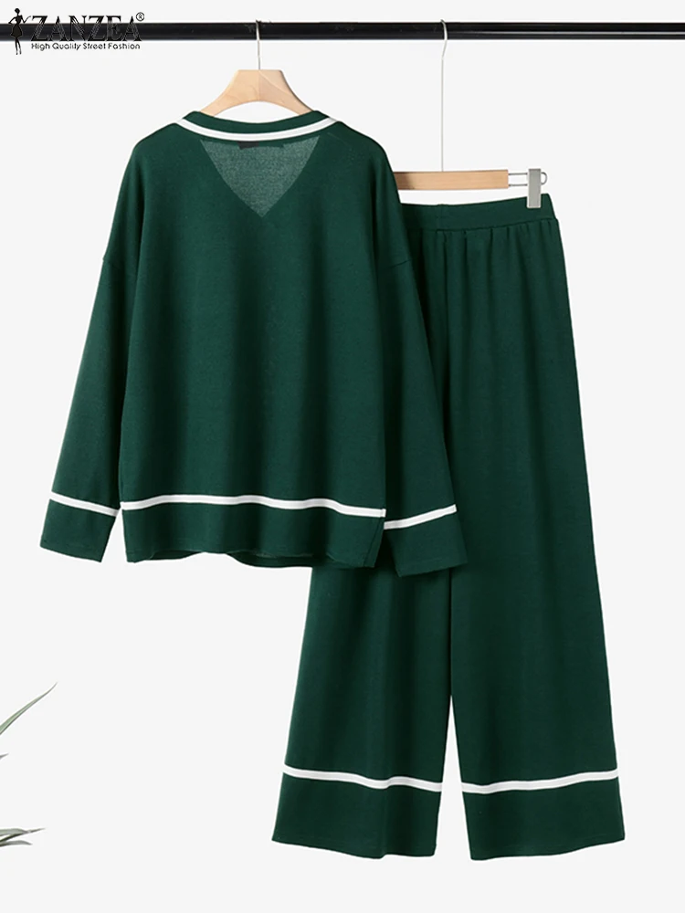 ZANZEA Fashion Long Sleeve Tops Outfits Casual Loose 2 Piece Pant Set Holiday Korean Colorblock Line Matching Set 2025 Tracksuit