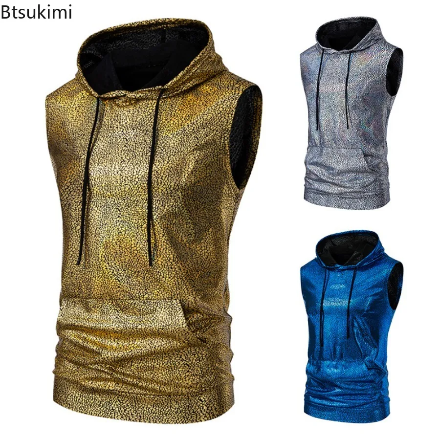 

2025 New 70s Disco Hooded Vest Men's Vintage Sleeveless Drawstring Hoodies Pullover Tank Tops Singer Stage Performance Costumes