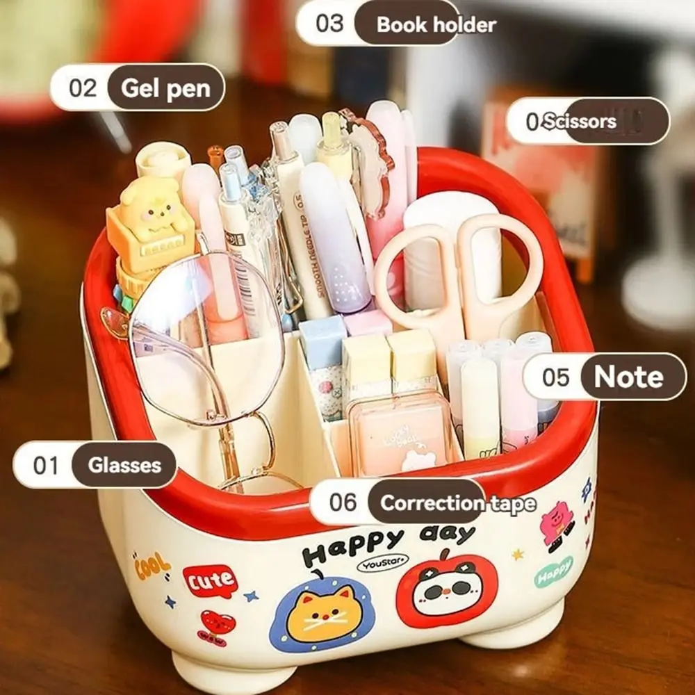 Practical Cartoon Desktop Pen Holder Multi Grid Large Capacity Pencil Organizer Non-slip Space Saving Cute Pencil Cup Desktop