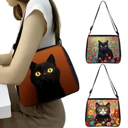 Cute Black Cat with Flower Print Should Bag Kawaii Kitten Handbag Key Phone Purse Holder Daily Outdoor Travel Bag Messenger Bag