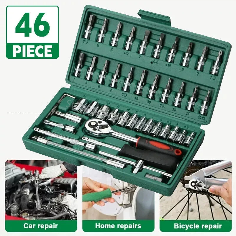 

46pcs Car Repair Tool Kit 1/4-Inch Socket Set Car Repair Tool Ratchet Torque Wrench Combo Auto Repairing Set Mechanic Tool