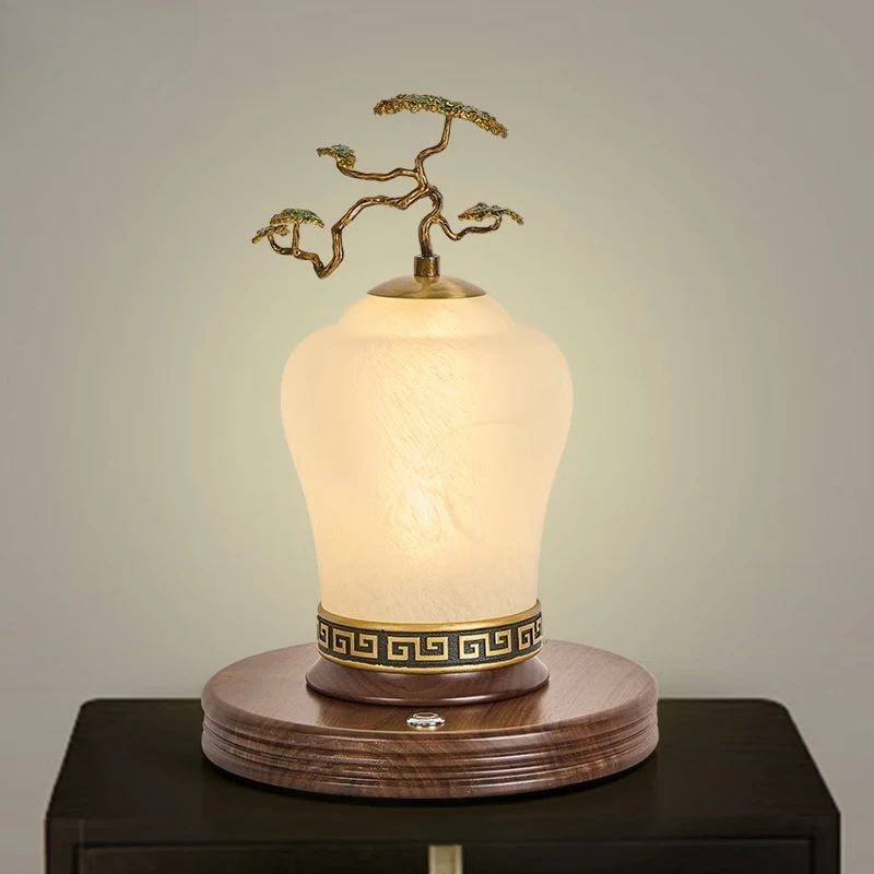 

Touch Bedroom Bedside Table Lamp Advanced Sense Song Dynasty Aesthetics Charging Black Walnut Solid Wood Tea Room Ambient Light