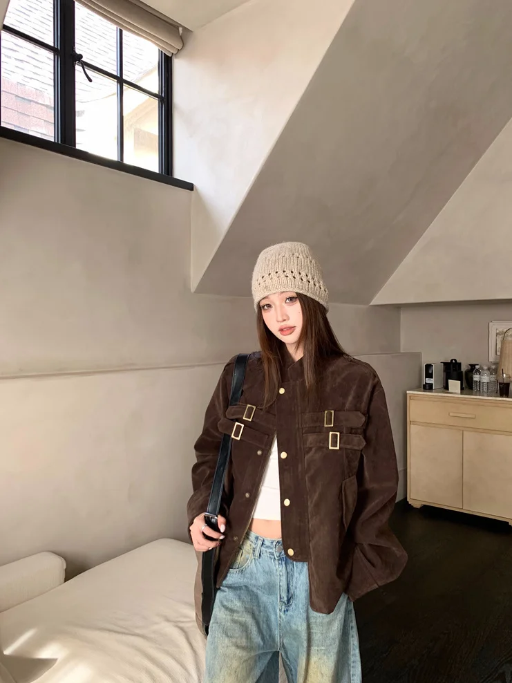 

Retro American Spicy Girl Brown Long Sleeve Suede Jacket Women's Early Summer Short Motorcycle Style Open Cardigan Top Trendy
