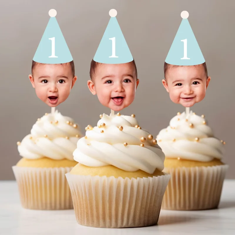 Personalized Custom Face Cupcake Toppers 12 Pcs Photo Topper Fun Party Hat Cupcake Topper for Birthday Decoration Party Favors