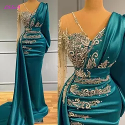 Vestidos de Noche de sirena de manga larga de lujo cristales brillantes elegante satén Dubai mujeres vestidos de noche formales de fiesta cuello transparente