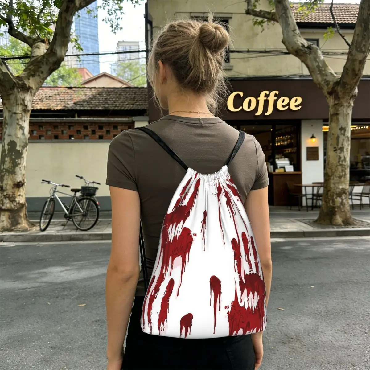 Palm-Sized Bloody Handprint Halloween Backpacks Multi-function Drawstring Bundle Pocket Shoes Bag Book Bags for Man Woman