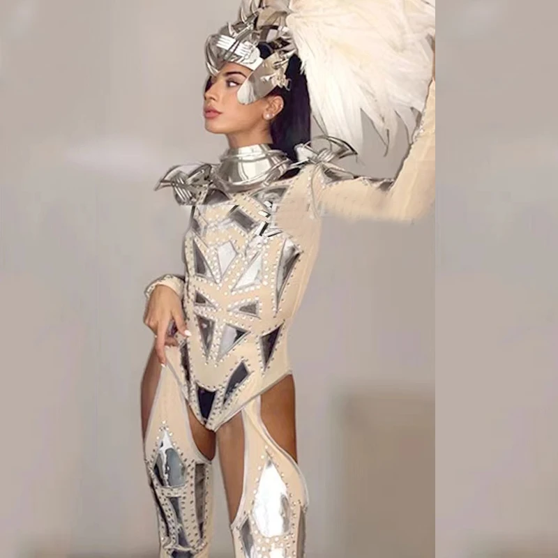 New Tech Style Gogo Costume Sexy Jazz Dance Feather Headdress Armor Silver Jumpsuit Bar Nightclub DS DJ Stage Rave Outfit Set