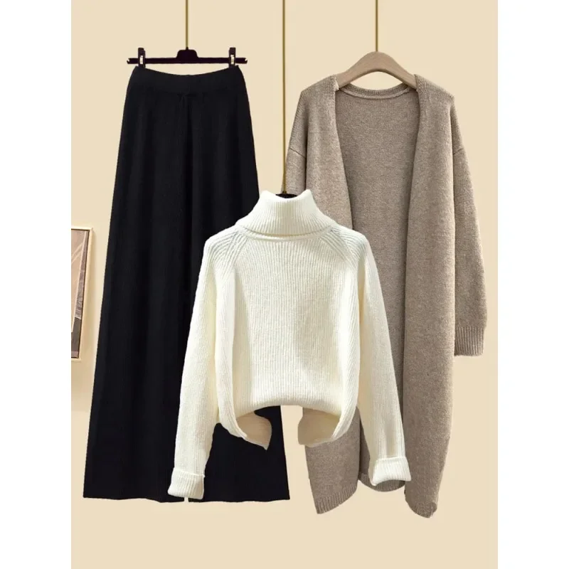 Fall Winter Warm Knitwear Sets for Womens Elegant Turtleneck Sweater+long Knitted Jackets+wide Leg Knitting Pants Sets Suit N554