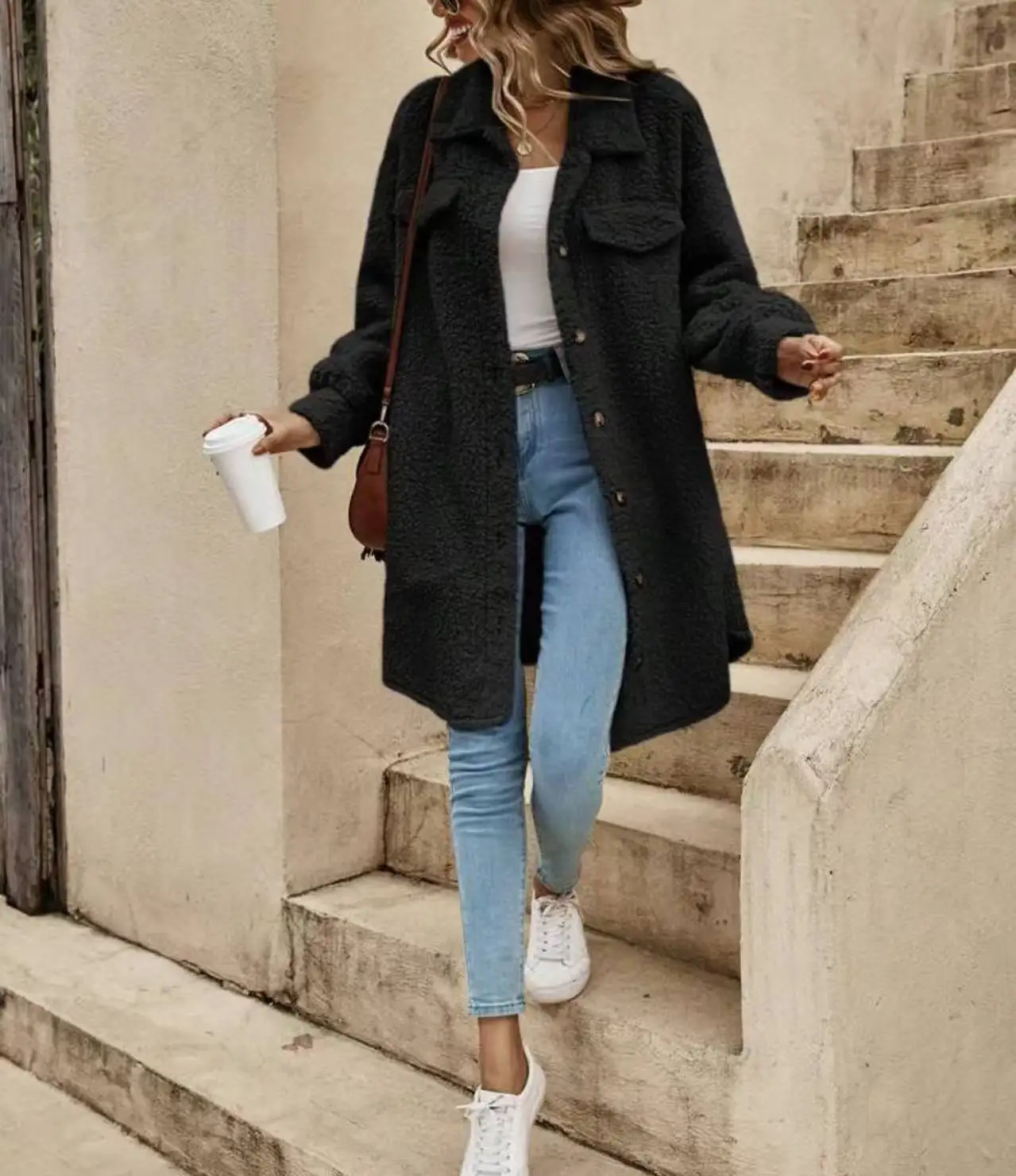 2025 New Fashion Button Plush Long Coat Women Winter Casual Loose Solid Color Lapel Sleeve Cardigan Jacket For Women
