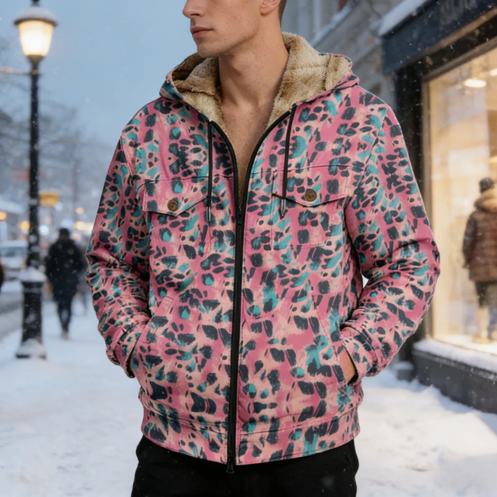 

Куртка с капюшоном и животным принтом, зимнее теплое пальто на молнии на флисовой подкладке, розовое леопардовое сердце, красочная уличная одежда, повседневная верхняя одежда для пар