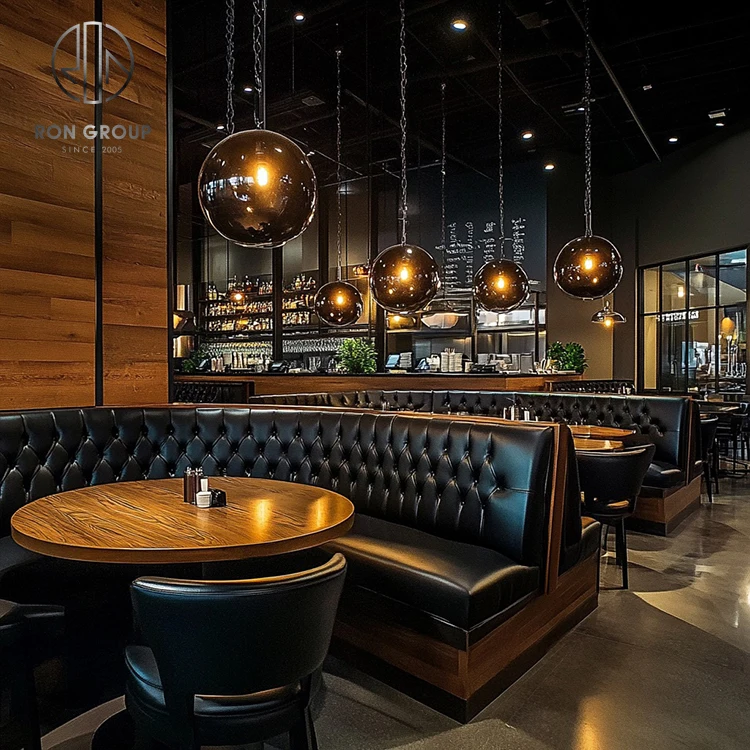 Ron Group Luxury Hotel Modern Coffee Shop Wood Square Commercial Leather Restaurant Furniture Sofa Booth Seating Table Chair Set