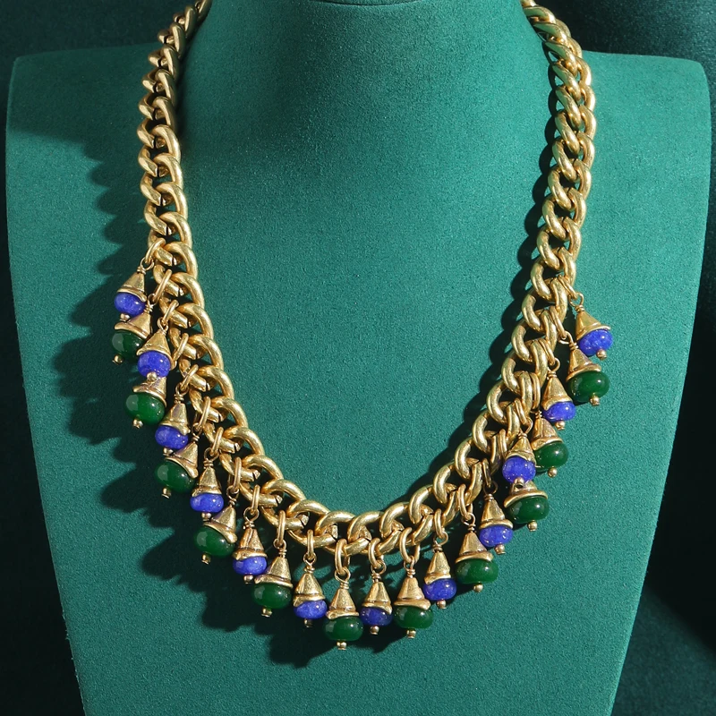 

Vintage Flower Collar Choker Necklaces Tassel Blue Green Glass Antique Gold Color Statement Gift Luxury Designer Jewelry 2025