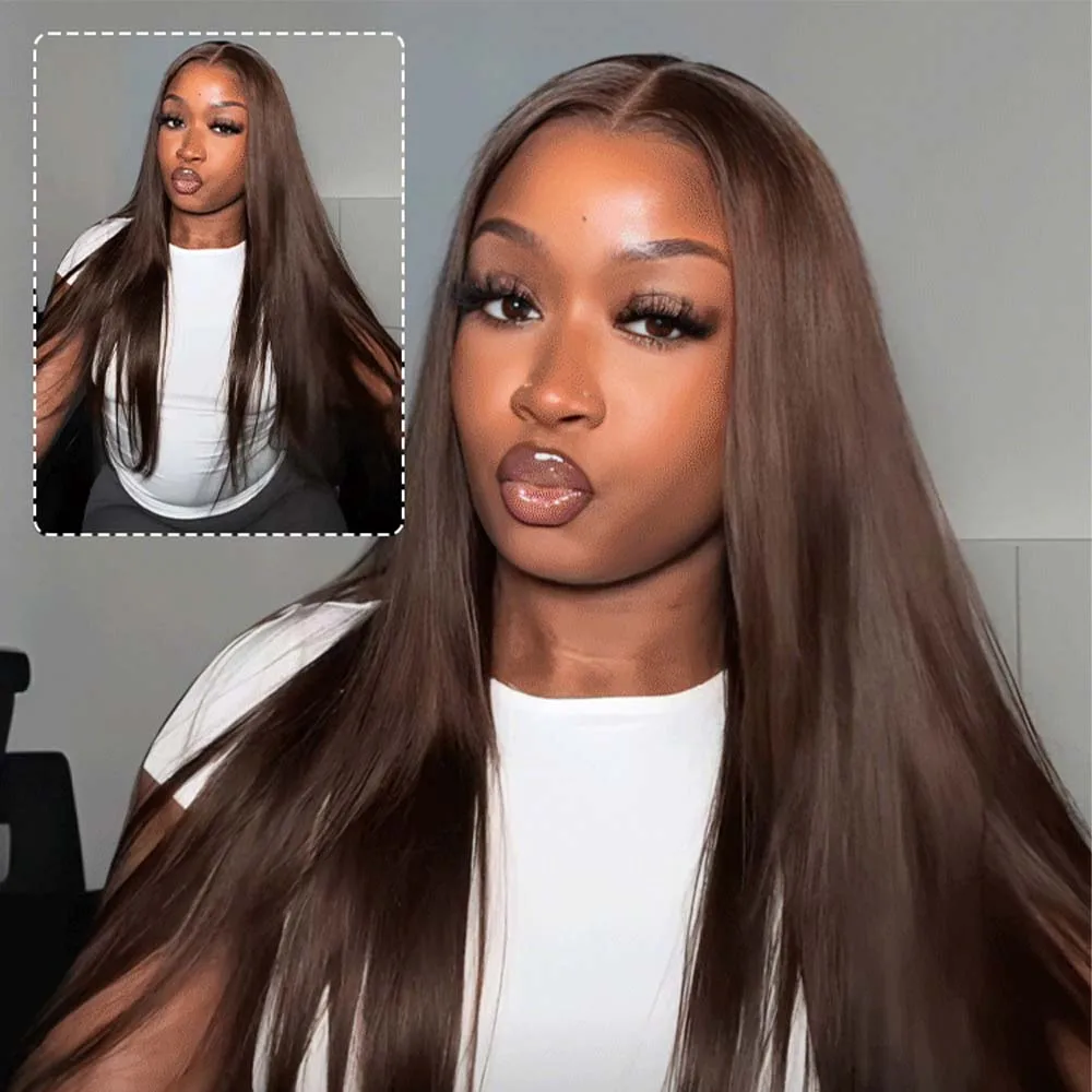 

40 46 Inch Chocolate Brown 13x4 Straight Human Hair Lace Front Wig Brazilian Colored 13X6 Transparent Lace Frontal Wig For Women