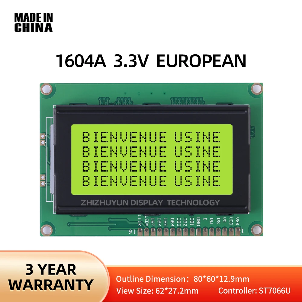 1604A 3.3V European Character LCD Module Yellow Green Film 16*04 Industrial Display LCM Display Module Dot Matrix