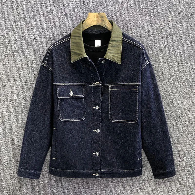 

High Street Primary Color Active Enzyme Washed Denim Jacket For Men Cargo Style Multiple Pockets Ruffled Handsome Jeans Jacket