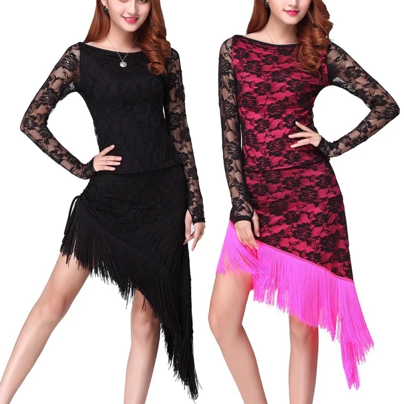 NEW Women Lace Latin Dance Dress Sexy Tango Ballroom Salsa Stage Costume Tassel Elegant Dance Clothing Performance Dress