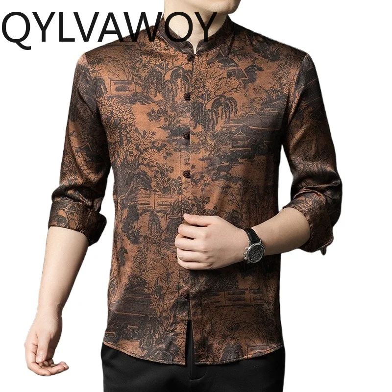 

QYLVAWOY 100% Real Mulberry Silk Men's Shirts Long Sleeves Tops Xiangyunsha Shirts for Man High-end Camisas Masculina Business