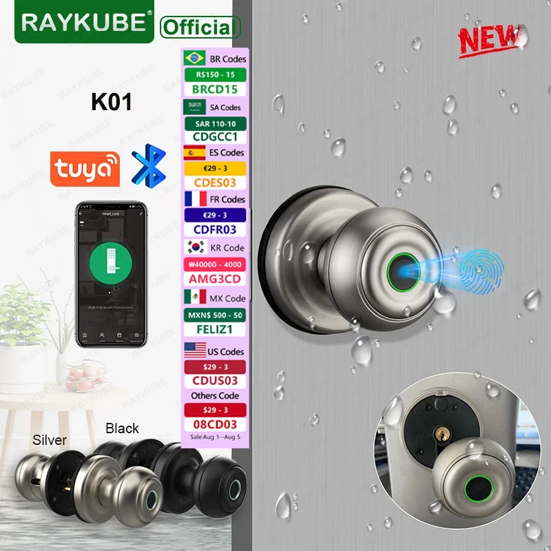 RAYKUBE K01 Tuya Bluetooth Smart Door Lock Auto Cylinder Waterproof Fingerprint Electronic Lock Knob APP/Key/Fingerprint Unlock