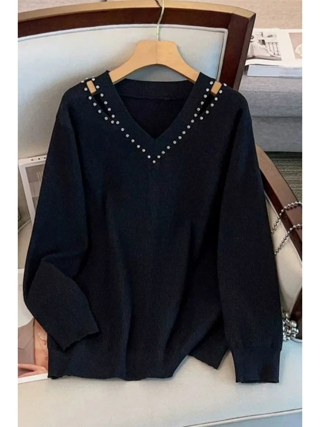 Casual Style Long Sleeve Knitted Sweater V-Neck Beaded Hollow out Design plus Size Comfortable Soft Material Daily Wear