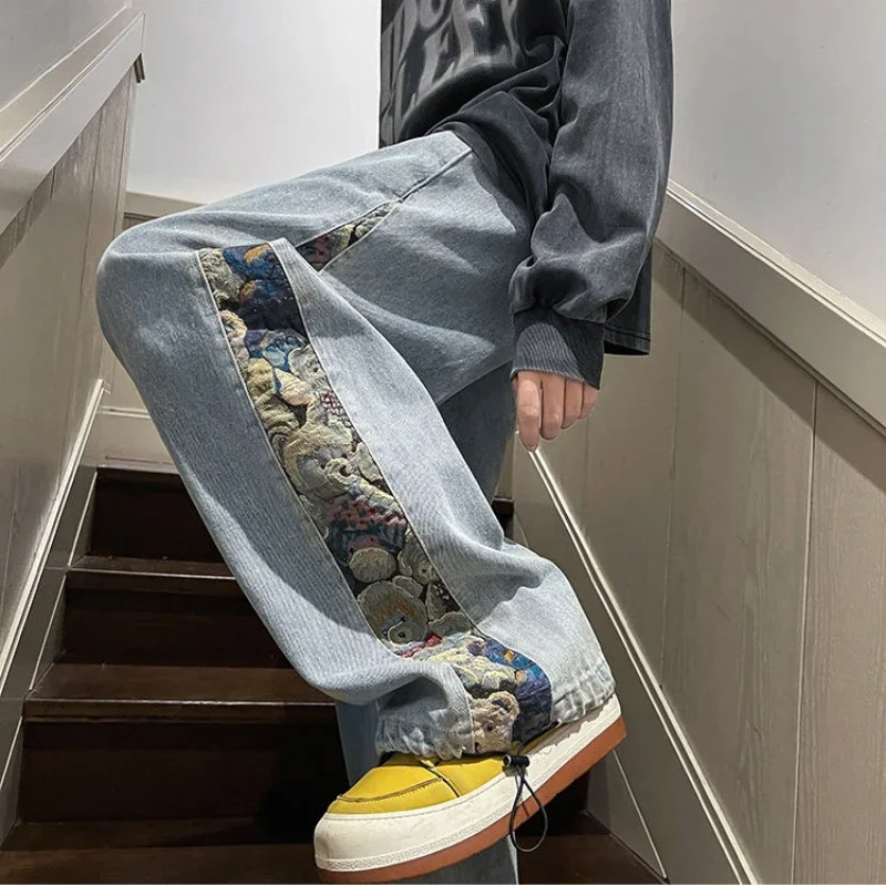 Men's jeans trend Embroidery printed flower drawstring pants fashion street hip-hop jeans loose casual wide-leg straight pants
