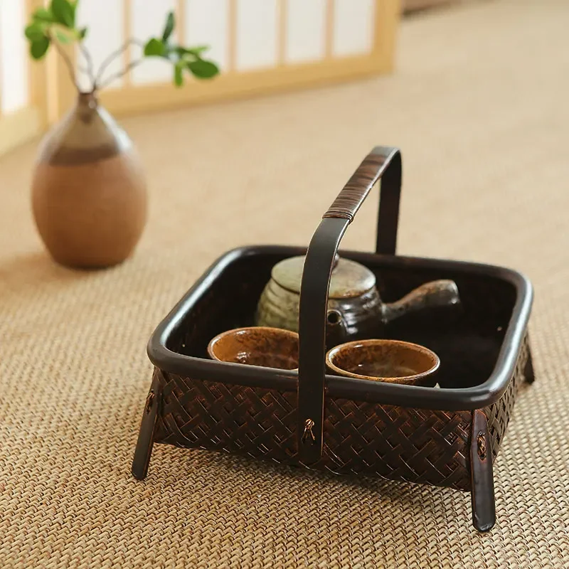 

Antique Lacquer Woven Basket: Bamboo Hand-Held Tea Set Tray, Decorative Snack Organizer, Eco-Friendly Basketry for Home