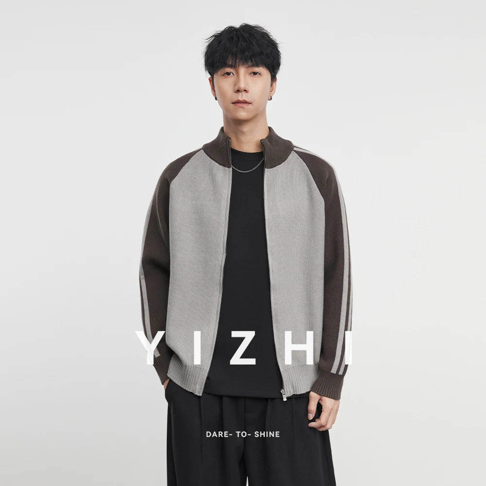 

American Stand Collar Colorblock Jacket Men's 2025 Autumn New Loose Striped Casual Knit Sweater High Street Sweater Men Coat