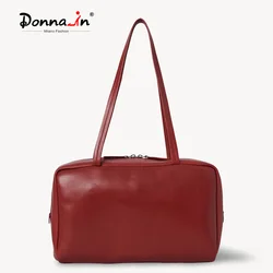 Donna-in Soft Genuine Cow Leather Shoulder Bag for Women First Layer Cowhide Handbag with Dual Zipper Closure Red Large Capacity