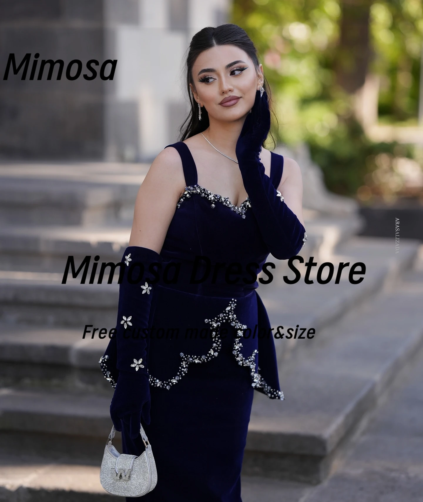ชุดราตรีสายเดี่ยวทรงมิโมซ่า ประดับลูกปัด พร้อมผ้าคลุมไหล่แบบเปปลัม ชุดราตรีซิปหลังผ่าข้าง สำหรับงานเลี้ยงตอนเย็น สามารถสั่งตัดได้