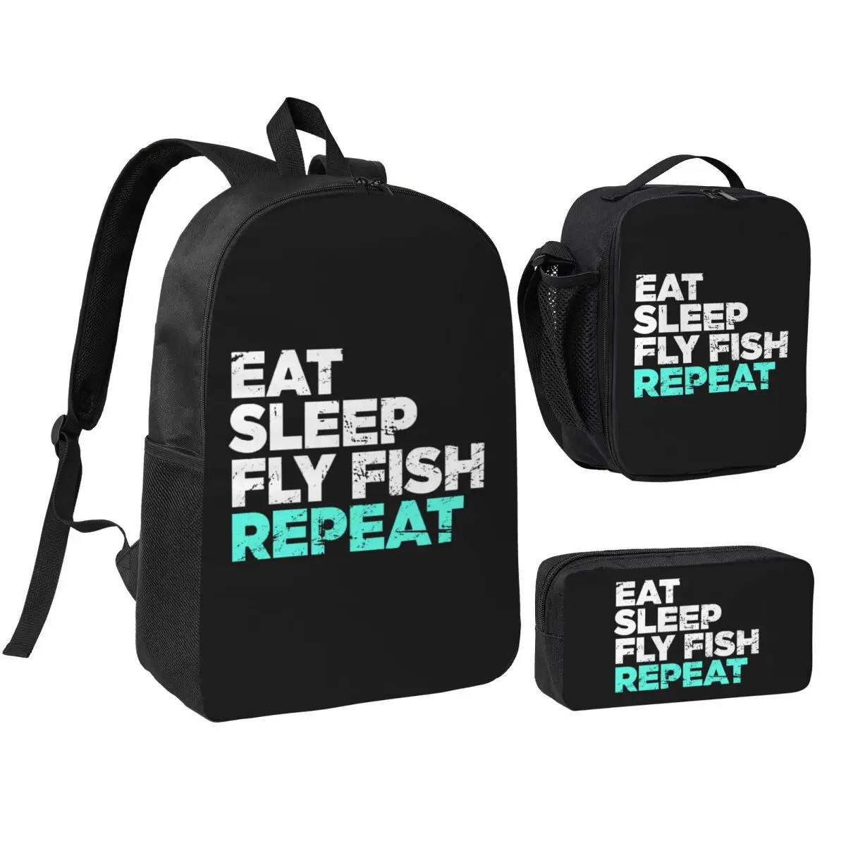 Eat Sleep Fly Fish Fly Fishing Graphic Backpack Student BookBag School Bag Shoulder Bags 3ps Insulated Lunch Bag Pencil Case