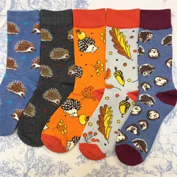 1Pair Adult Size Mid Calf Crew Cartoon Hedgehog Cottton Unisex Socks British Style Casual Harajuku Forest Animal Art Couple Fun