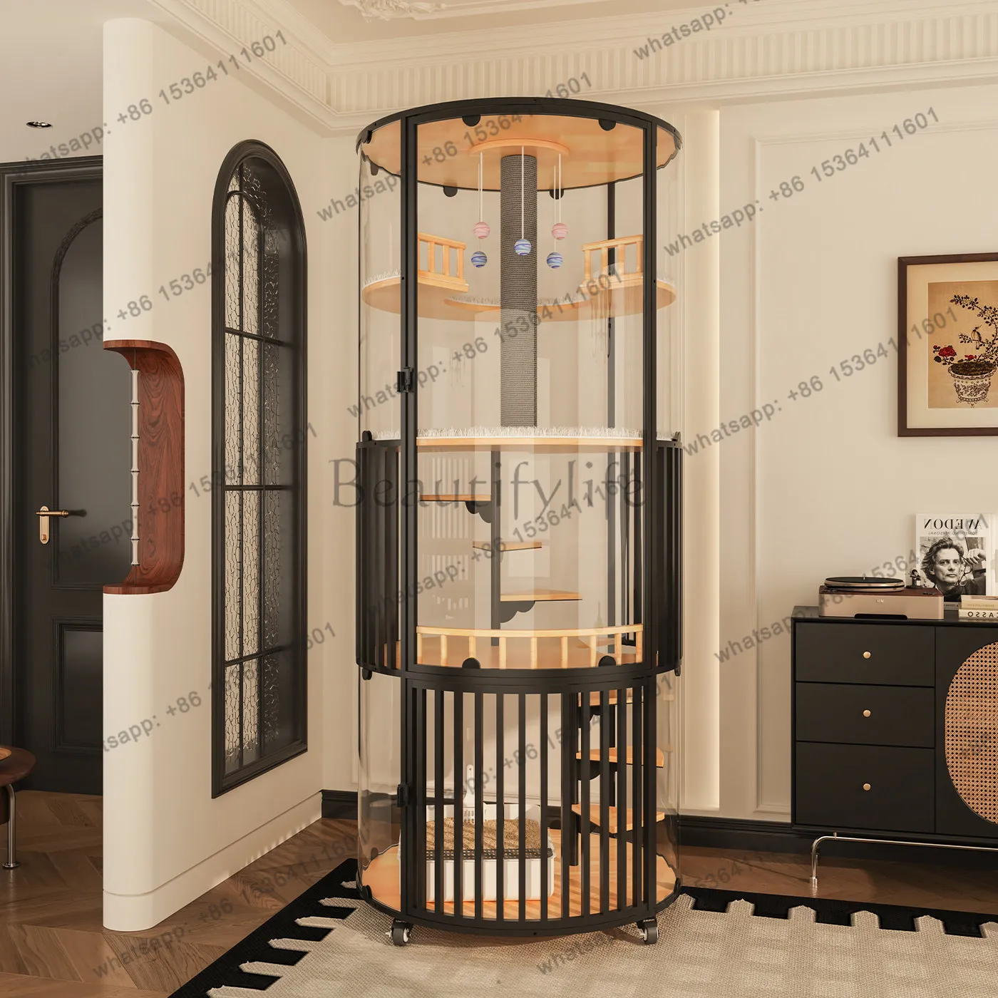 Luxury panoramic glass cat villa cage solid wood transparent oversized movable home cat house
