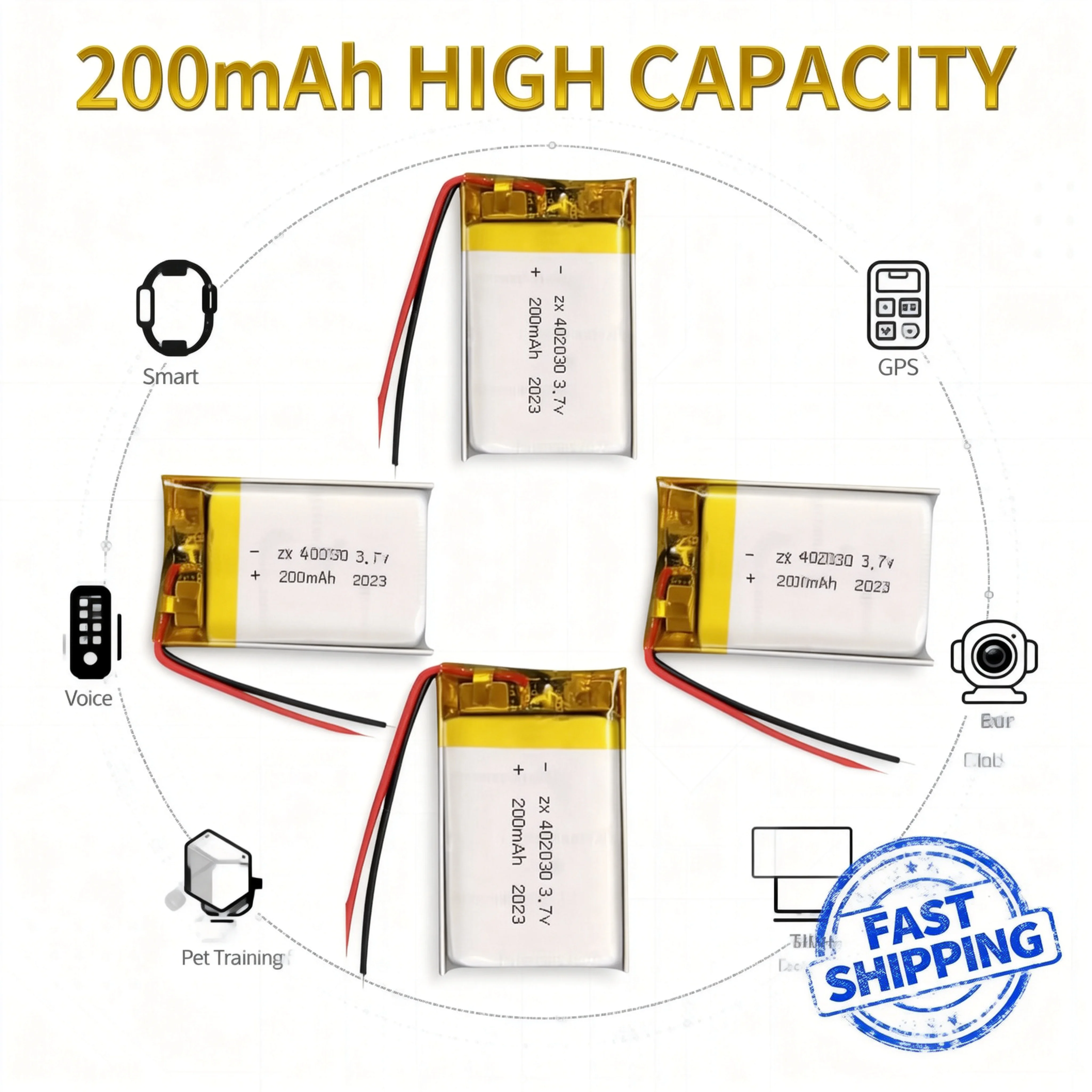 

3.7V 200mAh 402030 Lithium Polymer Battery for Smart Bracelet GPS Voice Recorder Pet Training Tool Webcam Tablet PC