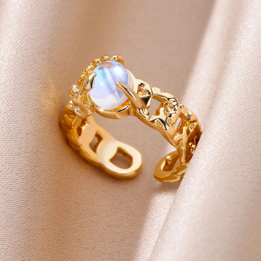 Nature Opal Stone Rings for Women Gold Color Adjustable Stainless Steel Ring Vintage Femme Wedding Jewelry Free Shipping anillos