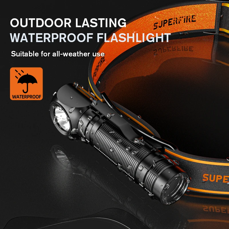 SUPERFIRE TH06 Super Bright LED ไฟหน้า 18650 ไฟฉายแบบชาร์จไฟได้พร้อมหางแม่เหล็กกลางแจ้งยุทธวิธีทํางานไฟฉาย