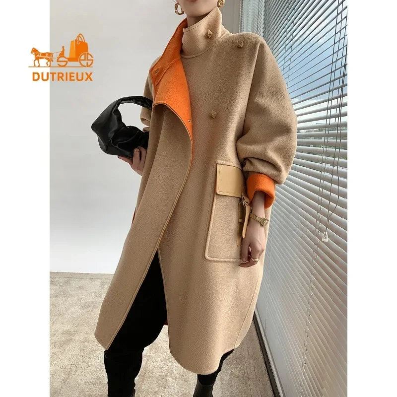 High Quality 100% Cashmere Women Winter Coat Jacket, Luxury Long Water Ripple Double Face Cashmere Wool Jacket Women Tweed Coat