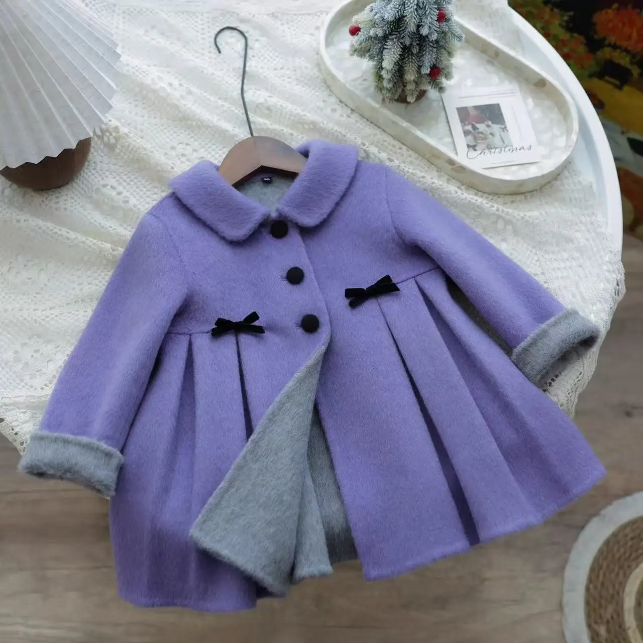 

2-7 Years Kids Girls Woolen Coat Autumn/Winter New Purple Bow Square Collar pleated Coat Children Sweet Overcoat 90-140CM