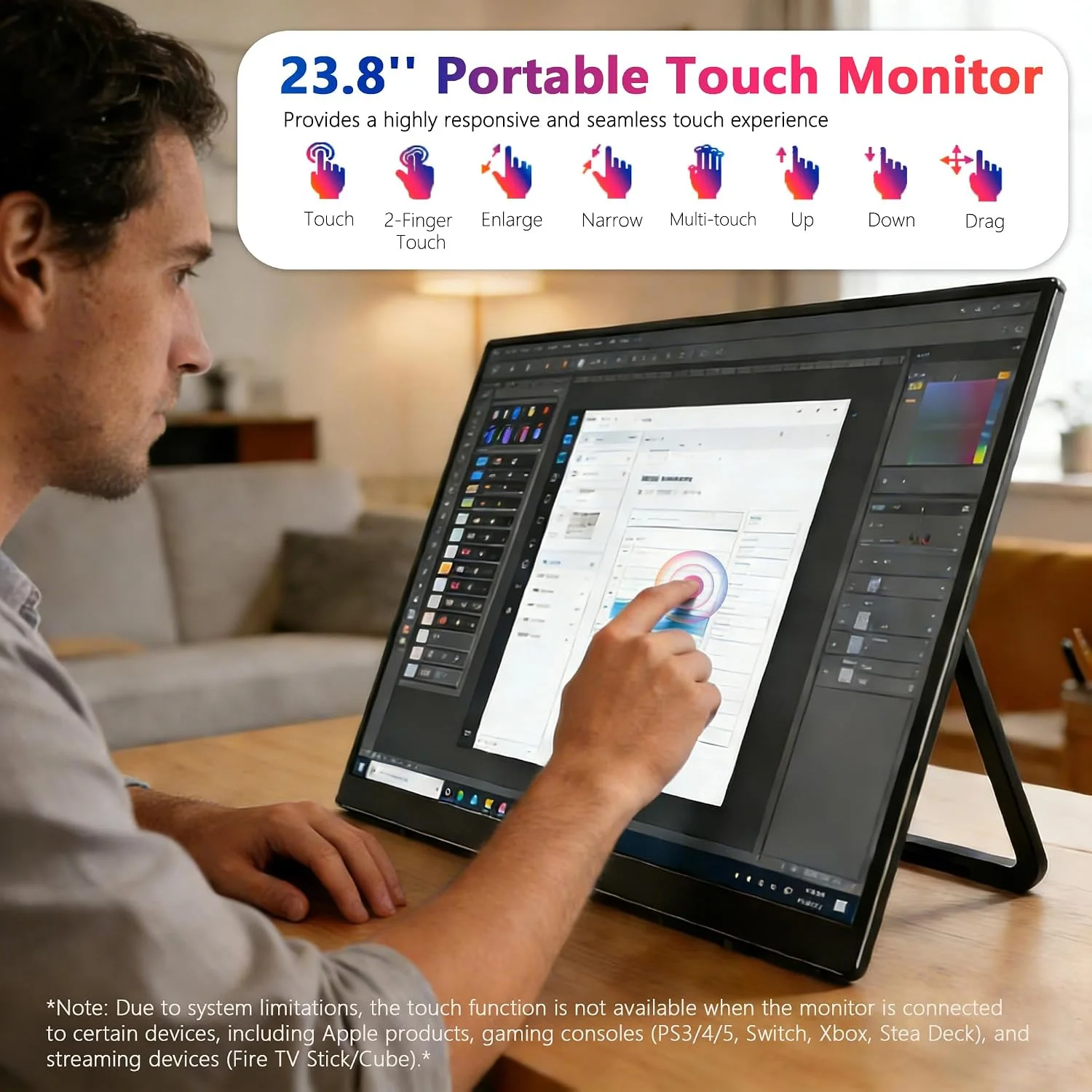 23.8 Inch Touch Portable Monitor 120Hz FHD 1920*1080 IPS 100%sRGB VESA Mountable External Display for Laptop PC Game Consoles