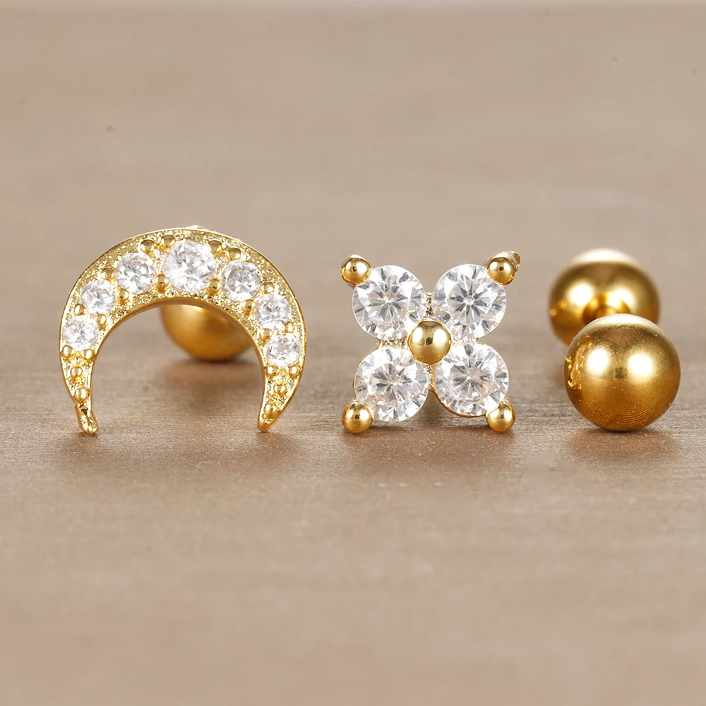 3PCS/Set Trendy Stainless Steel Crystal Flower Moon Earrings for Women Helix Tragus Cartilage Ear Stud Earring Piercing Jewelry