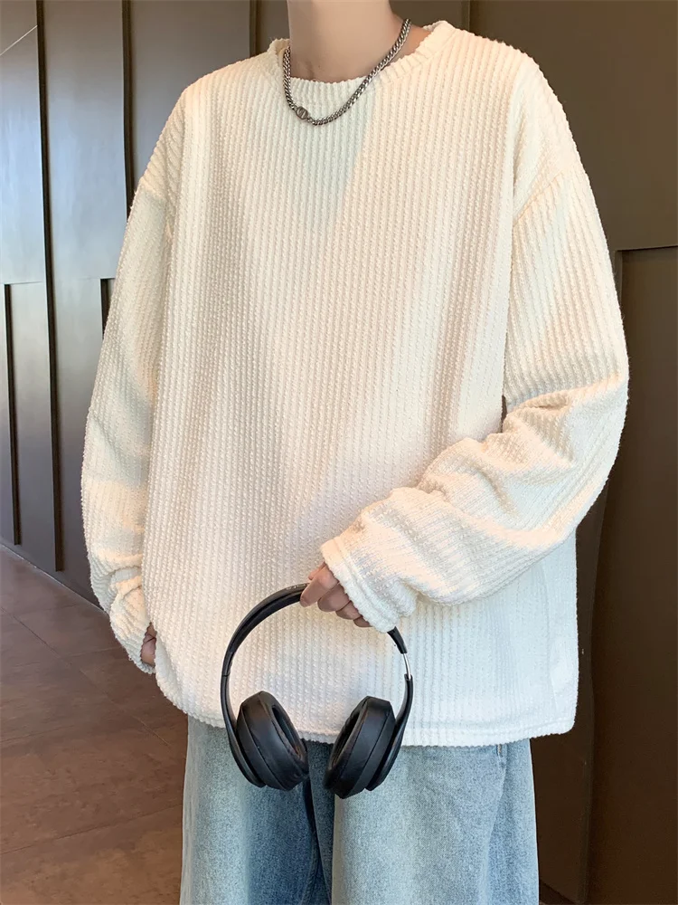 

Однотонная мужская футболка с длинным рукавом, осенняя модная новинка, брендовая вышивка, свободный крой в гонконгском стиле, для пар, базовая одежда, нижний слой