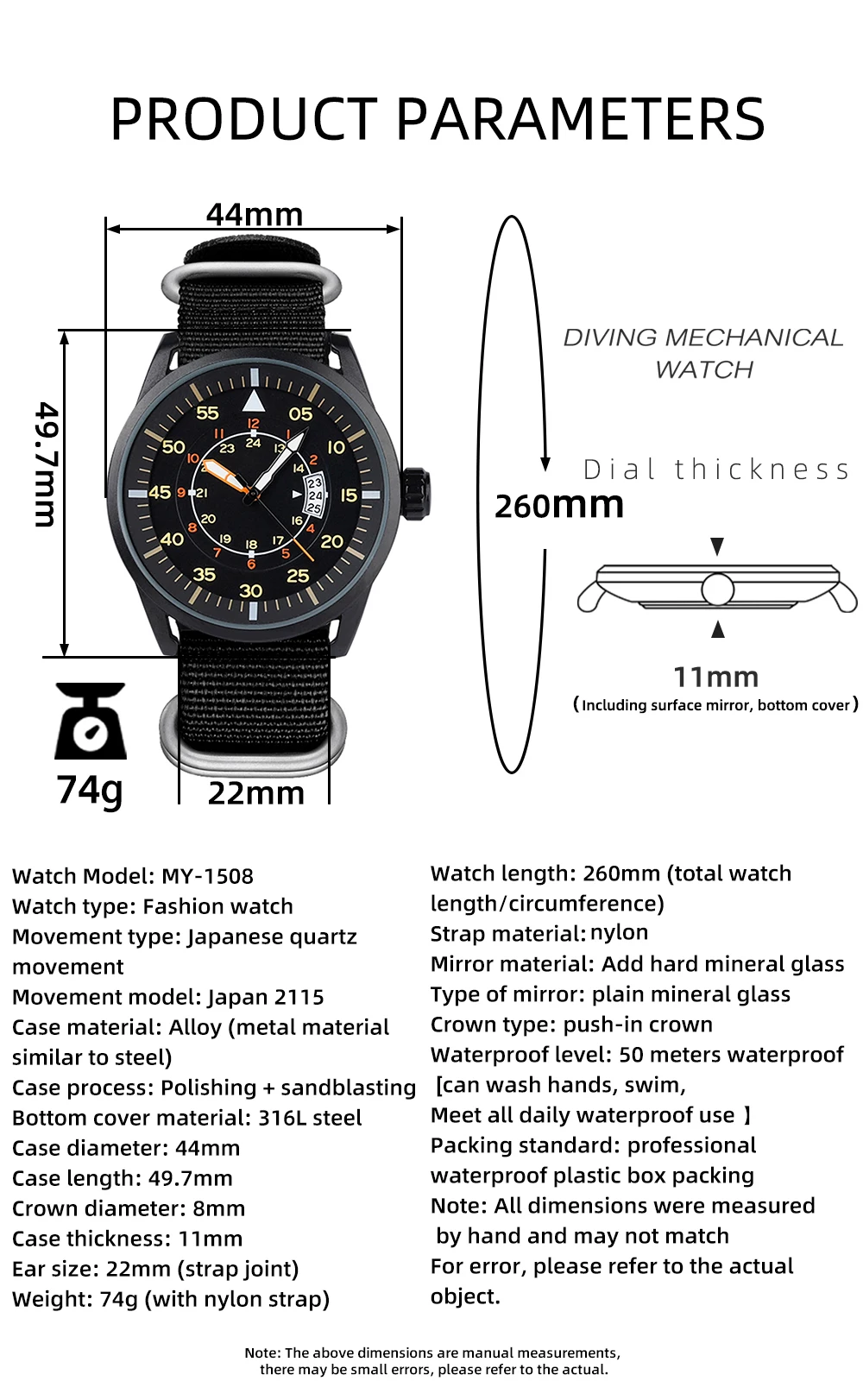 ADDIESDIVE Neue Herren-Analoguhr, 50 m wasserdicht, leuchtende Uhr, modisch, sportlich, großes Zifferblatt, Herren-Quarzuhr mit Nylonarmband – Detail 2