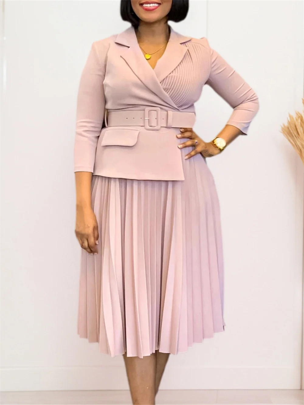 Elegant Office Ladies Pleated Dresses 2025 Summer Autumn Clothing V-neck Maxi Robe Party Evening Prom Gown Fashion Women Dress