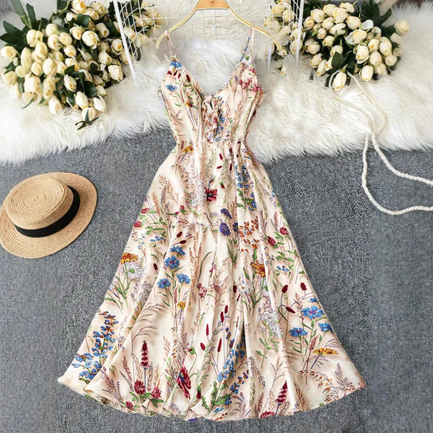 Damen Boho Maxikleid mit Blumenmuster, Spaghettiträgern, V-Ausschnitt, ärmellos, Strandkleid